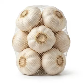 Enhanced Hand holding a mesh bag of whole garlic bulbs with Bravo branding