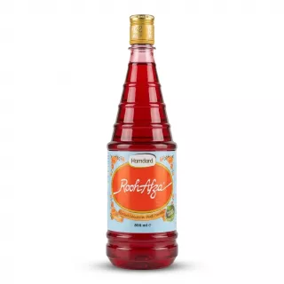 Enhanced Front view of Hamdard Rooh Afza Syrup 800ml bottle with red liquid
