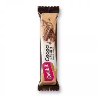 Enhanced Delikit Cocoa Cream Milk Chocolate Bar in hand showing front packaging