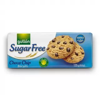 Enhanced Front view of Gullón Sugar Free Choco Chip Biscuits 125g packaging held in hand
