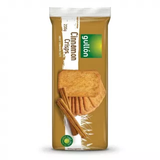 Enhanced Front of Gullón Cinnamon Crisps biscuit pack 235g with cinnamon sticks