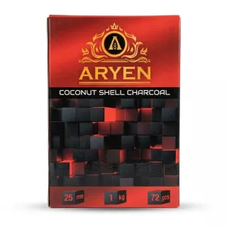 Enhanced Aryen Coconut Shell Charcoal 1kg box front showing 72 pieces and 25mm size