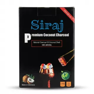 ** A professional studio shot of the Siraj Premium Coconut Charcoal 1kg box. The black box features the Siraj logo, illustrations of glowing charcoal cubes, coconuts, and a 100% Natural label, isolated on a white background.