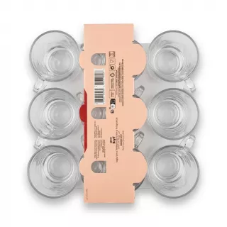 A top-down view of the LAV Keyif Turkish tea glass mug set packaging, featuring details such as the model number, barcodes, and a description in multiple languages.