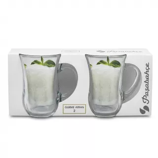Enhanced Front view of Paşabahçe Gurme Ayran 2-piece handled glass mug set in packaging