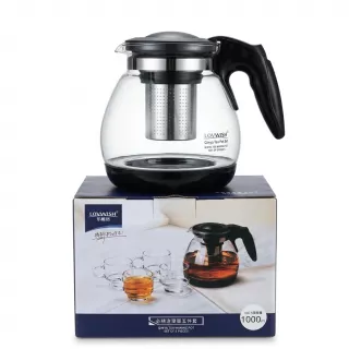 Enhanced LOVWish Qinya glass tea pot with black handle displayed on box