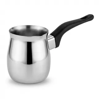 Enhanced Stainless steel coffee warmer with black handle on a shop counter