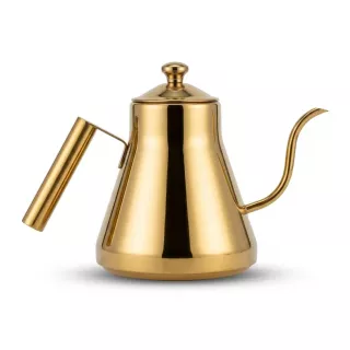 Enhanced Hand holding a gold stainless steel gooseneck kettle with ergonomic handle