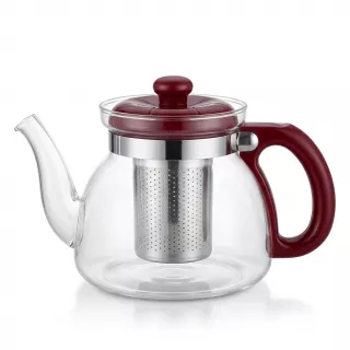 Enhanced Side view of glass teapot with stainless steel infuser and red lid