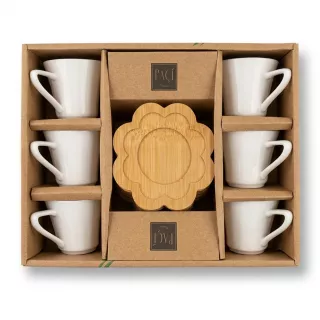 Enhanced Set of six white Paçi porcelain cups with bamboo flower-shaped coasters in box