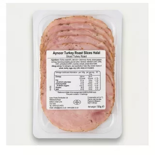 Enhanced Back label of Aynoor Sliced Turkey Roast displaying ingredients and nutrition