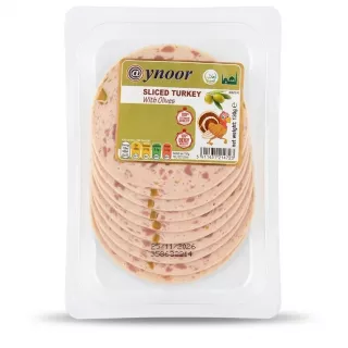 Enhanced Aynoor Sliced Turkey With Olives in plastic packaging, clear label, 130g.