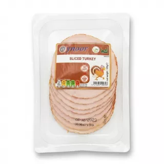 Enhanced Aynoor Sliced Turkey 130g packed, front label showing slices and certifications
