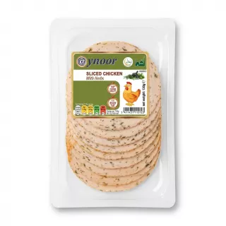 Enhanced Pack of Aynoor Sliced Chicken With Herbs 130g in hand, showing front label
