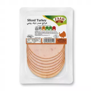 Enhanced Front of ZAAD Sliced Turkey 130g halal pack held in store with clear label and price