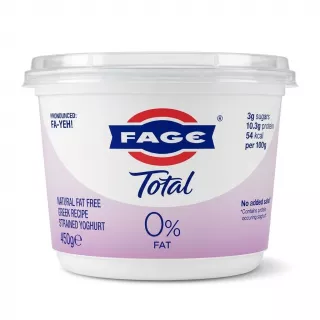 A professional e-commerce product photo showing the front of a FAGE Total 0% Fat Greek Yoghurt 450g plastic tub against a pure white background. The clean, white tub is centered and fills most of the frame, clearly displaying the FAGE brand logo, the large "Total" script, and "0% FAT" below it on a light purple band. All product information, including nutritional data and "Natural Fat Free Greek Recipe Strained Yoghurt", is sharp and legible under bright studio lighting with soft, even shadowing.