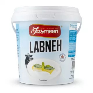 A 1kg plastic tub of Yasmeen Oriental Gourmet Labneh Arabic Strained Yoghurt, isolated on a white background with a soft shadow. The white label features a large cow illustration and a picture of labneh garnished with olive oil and mint.