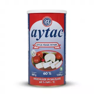 A professional e-commerce studio shot of a 1500g tin of Aytac Soft Cheese in Brine, featuring a clean white background and soft, symmetrical shadows. The label details are sharp, showing the brand logo, product illustration, and weight specifications clearly.