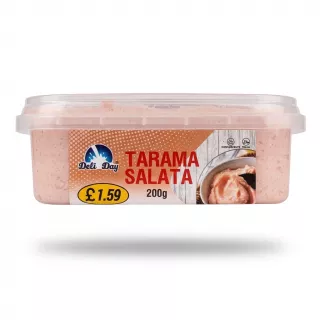 A side profile professional e-commerce shot of a Deli Day Tarama Salata spread, with a retail price sticker of £1.59, set against a clean white background.