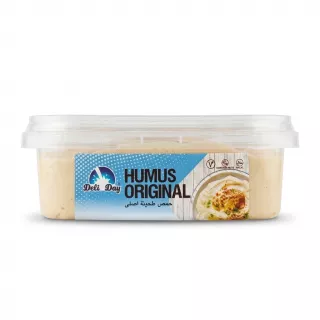 Enhanced Front view of Deli Day Humus Original 200g container with price label