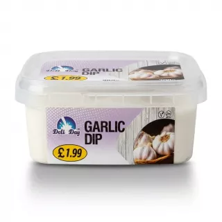 Enhanced Deli Day Garlic Dip 200g tub held in hand, £1.99 price label visible