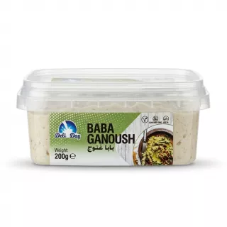 A 200g plastic tub of Deli Day Baba Ganoush Dip, priced at £1.99. The tub is centered against a clean white background with a soft, even shadow, and features clear labeling in English and Arabic.