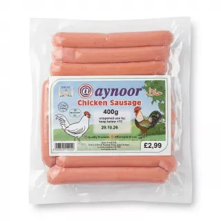 Enhanced Aynoor halal chicken sausage 400g vacuum pack front with label in shop