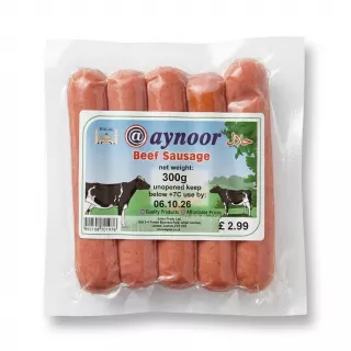 Enhanced Front of Aynoor Halal Beef Sausage 300g vacuum-sealed pack held in hand in a grocery store
