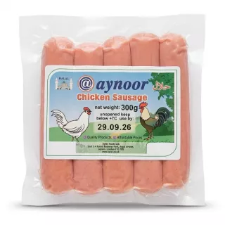 Enhanced Front packaging of Aynoor Chicken Sausage 300g halal with price label