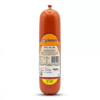 Enhanced Aynoor Spicy Halal Salami 450g label showing ingredients and price