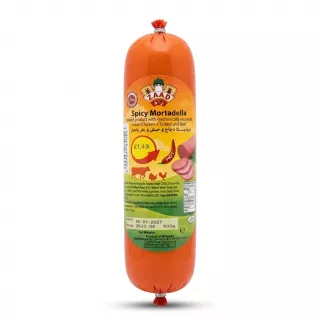 Enhanced Zaad Spicy Mortadella 500g pack showing product details, price and label