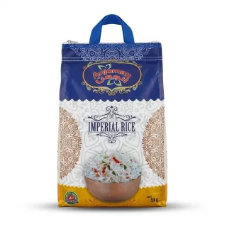 A 5kg bag of Anjoman Imperial Basmati Rice on a white background, featuring the brand's blue and white intricate packaging with an illustration of cooked rice in a bowl.
