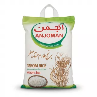 Enhanced Front of Anjoman Tarom Rice 5kg bag showing logo, product type, and illustration of rice plants.