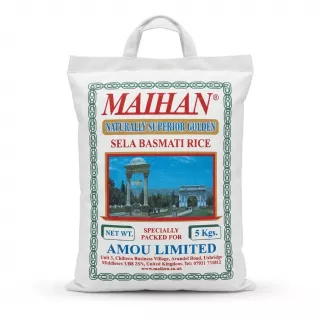 A 5kg bag of Maihan Naturally Superior Golden Sela Basmati Rice in its original white woven packaging with handles, featuring clear product branding, weight, and UK distributor details.