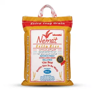 A 5kg bag of Nemat Sella Extra Long Grain Rice is centrally positioned on a clean white background. It features clear red and white branding with text in multiple languages and a 'Premium Quality' seal.
