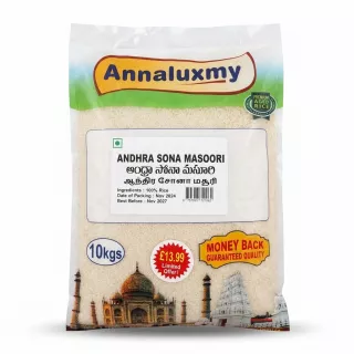Enhanced Front of Annaluxmy Andhra Sona Masoori Rice 10kg bag showing branding and price