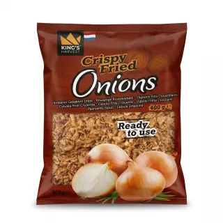 A 400g package of King's Harvest Crispy Fried Onions, which features whole and halved raw onions alongside the prepared crispy product.