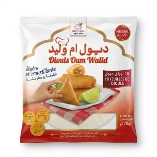 A close-up studio photograph of a 170g pack of Best Cook Diouls Oum Walid Pastry Sheets, featuring red Arabic text and an illustration of hands preparing food, on a white background.