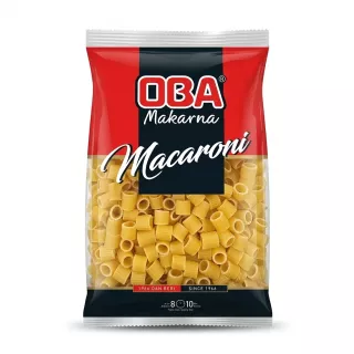Front of OBA Makarna Macaroni Thimbles Pasta package held in hand