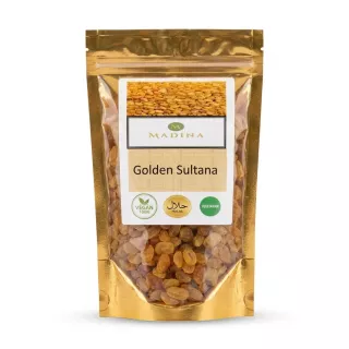 A 200g resealable gold pouch of Madina Golden Sultanas, clearly displaying 'VEGAN 100%', 'HALAL', and 'VEGETARIAN' labels against a solid white background.