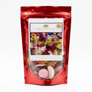 Front of Madina Halal Mixed Sweets 200g in a red resealable pouch with assorted colourful sweets visible.