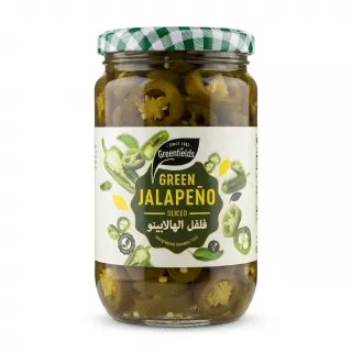 Front view of Greenfields Green Jalapeño Sliced jar with green checkered lid
