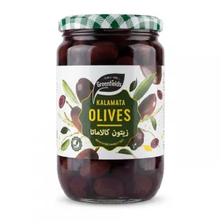 Front label of Greenfields Kalamata Olives 720g jar held in hand