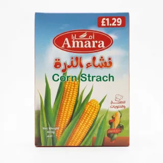 Amara Corn Starch 400g box front, £1.29 price label