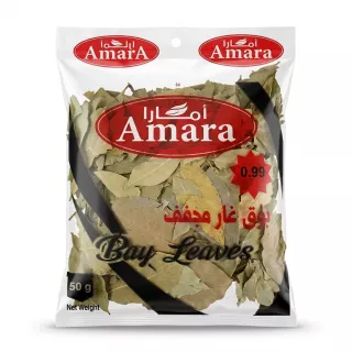 Front of Amara Bay Leaves 50g pack with clear bag and visible dried bay leaves