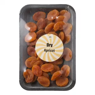 Front view of a pack of Sara Dry Apricot showing dried, pitted apricots in clear packaging