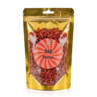 Front view of Sara Goji Berries 200g in gold resealable pouch