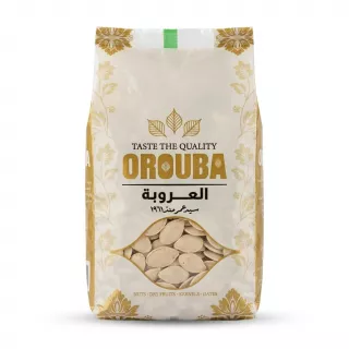A professional studio photograph of a 1:1 scale sealed white and gold packet of Orouba Roasted Pumpkin Seeds, clearly displaying the brand name and product details against a solid white background.
