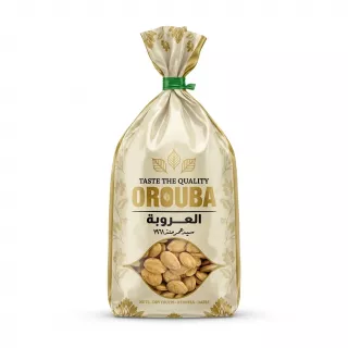 Front view of Orouba roasted watermelon seeds in gold and white packaging