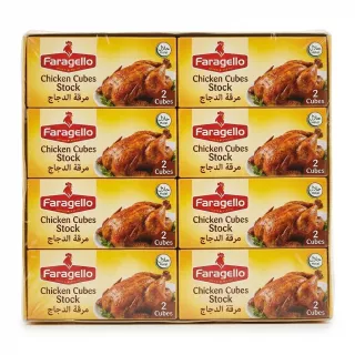 Front view of Faragello Chicken Cubes Stock 24x2 packaging